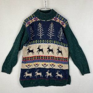 Vintage Fair Isle Christmas Knit Mockneck Sweater Size Medium Trees Reindeer
